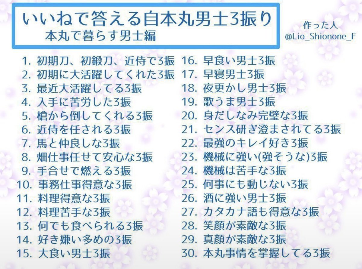 sleep_t0a's tweet photo. 便乗〜！
というか答えてみたい、考えるの楽しそう
#いいねで答える自本丸男士3振り https://t.co/qByHQowiYl