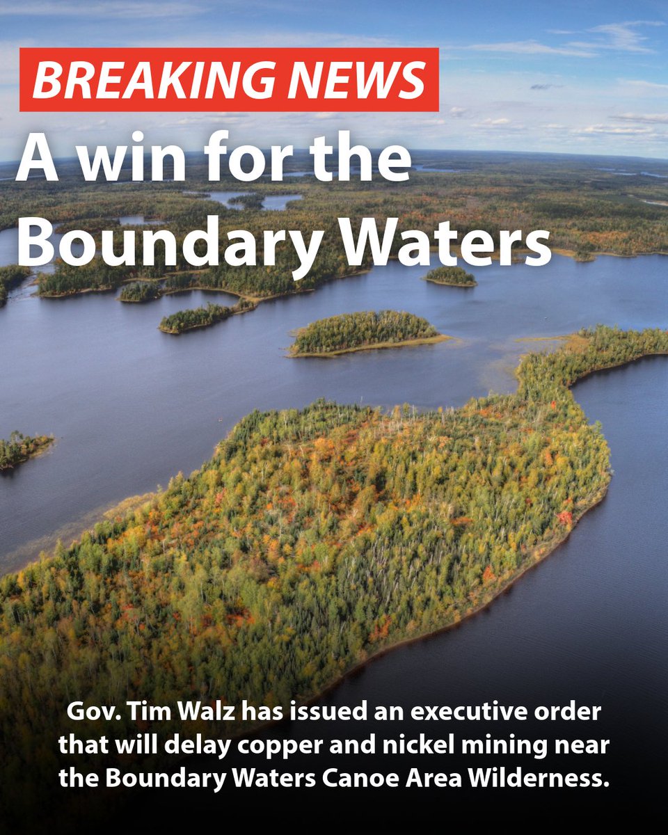 EnviroAction's tweet photo. A major win for the Boundary Waters! Gov. Tim Walz issued an executive order that will delay mining near this treasured wilderness, and called for legislation to permanently protect its watershed from mining. 

Thank you to everyone who took action to protect the Boundary Waters! https://t.co/3yoxuauGSo