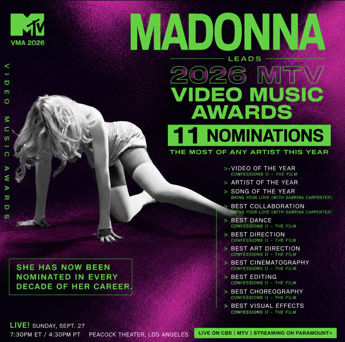 DrownedMadonna's tweet photo. Madonna leads the 2026 MTV Video Music Award nominations with 11 nods, the network announced today — the most of any artist this year. https://t.co/BqoEUXQ0Dq