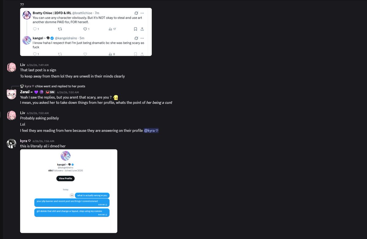 Simpycwh's tweet photo. EXPOSE THREAD ON @kangeldrains 

To preface, this kangel person has copied @kyrameanie on 4 different accounts now over the past year, from stealing Kyra's old personal OC to her muse now.

On the most recent identity, " kangeldrains ", she stole Kyra's personal commed art and used it on her PFP, banner, and posts and then threatened SH/sewerslide on the timeline because of Kyra " harassing her " to take down the stolen art.

As seen in Kyra's server Succubrats, Kyra simply asked her to take down the stolen art ( Image 3 )

After Kangel allegedly blocked Kyra when asked to take down the stolen commissions, Kangel made these posts and many more less than 5 minutes after blocking Kyra. ( Image 4 ) 

The rabbithole goes much deeper, but will have to get confirmation from Kyra that it's okay with her to fully expose all of Kangel's previous/other 2DFD accounts. 

( Hopefully ) To be continued?

#2DFD