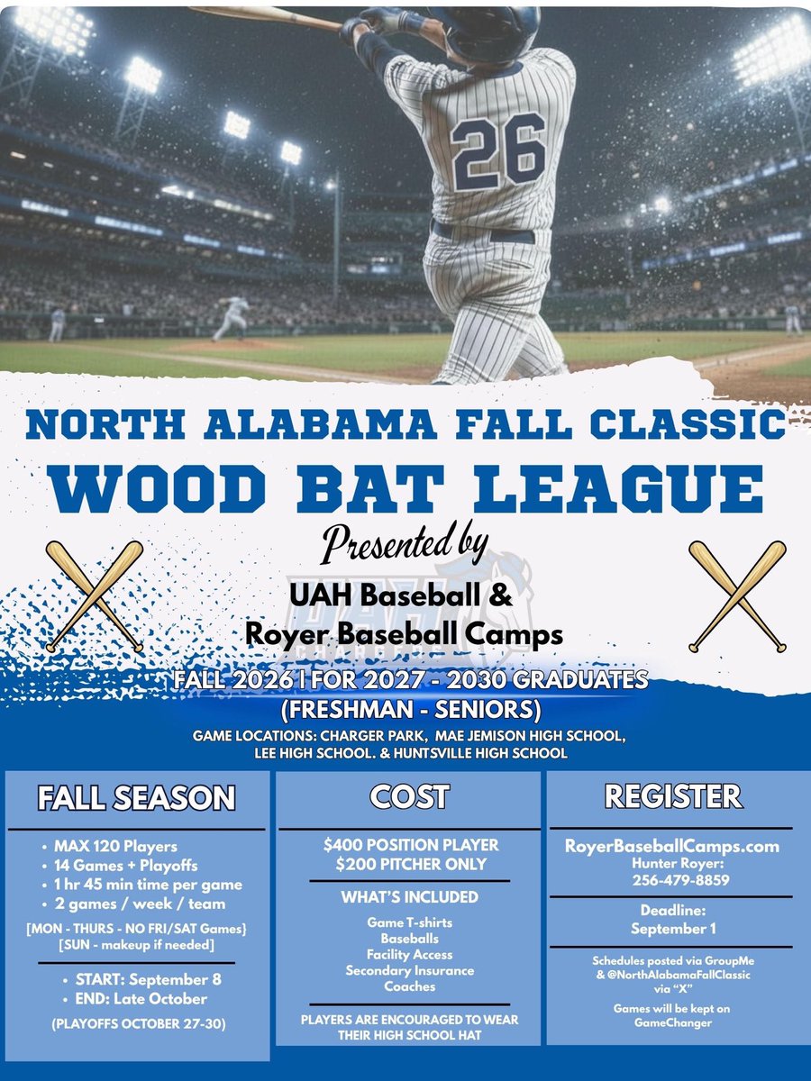 UAH_BSB's tweet photo. 🔵⚪️FALL LEAGUE ⚪️🔵REGISTRATION OPEN UNTIL SEPTEMBER 1!!! https://t.co/rgAtlLWvrG