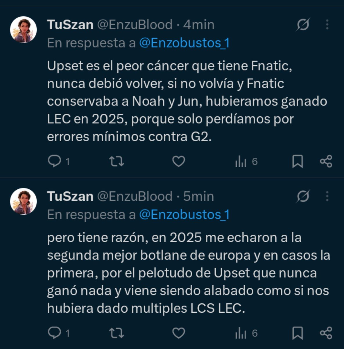 Enzobustos_1's tweet photo. Está boludez se dijo en algún programa de edeportes? O la gente no se acuerda de que Noah se va porque Fnatic le arruinó la cabeza y a Jun lo dejamos ir porque no le conseguimos un adc (nos dijeron todos que no) 
Es increíble las fantasías que se monta la gente https://t.co/KfUkjYLIdd