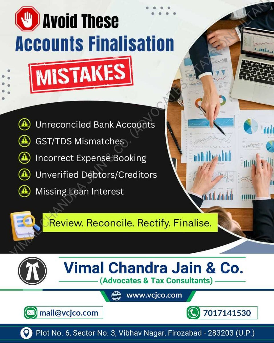 vcj_co's tweet photo. 🚩Avoid these Accounts Finalisation Mistakes.
Review. Reconcile. Rectify. Finalise.
#Accounts #Finalise #GST #ITR #VCJCO #tds #mathura #vrindavan #jalesar #kotla #dholpur #bharatpur #fariha #jasrana #sirsaganj #etah #auraiya #etawah #kanpur #tundla #firozabad #agra #shikohabad #aligarh #sadabad #hathras #lucknow #barsana #incometaxreturn #refund #gstregistration #tax #taxation #gstin #legal