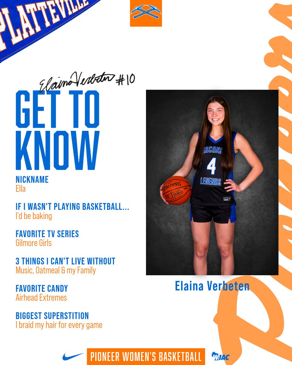 UWPlattWBB's tweet photo. Our next newcomer is Ella Verbeten from Wrightstown, WI! 

Welcome to the Pioneer Family, Ella! 💙🧡

#SwingTheAxe ⛏️ https://t.co/dp2tuXIQB4