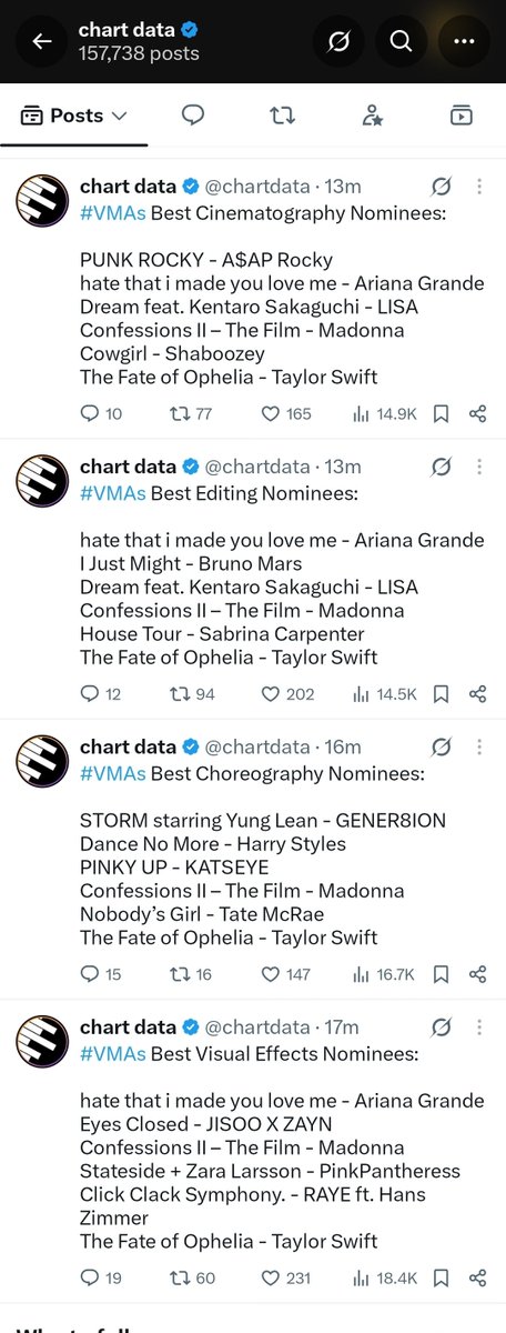 taesoothe's tweet photo. Summary of VMAs nominations 2026:

AI video is nominated for best visual effects

Thai and Japanese collab nominated in best k-pop

The same song nominated 2x to best pop and best k-pop at once

BTS has 2 nominations, including one under wrong category

Dai dai zero main category nominations

2 best choreography nominees have no choreography

American group with english pop song nominated to best k-pop

5 nominees for best video have 337M views COMBINED

ArtistOTY was filtered to white

The list is full of khia songs that nobody knew or remembered they existed

Tracking year has 17 months

There is no criteria known