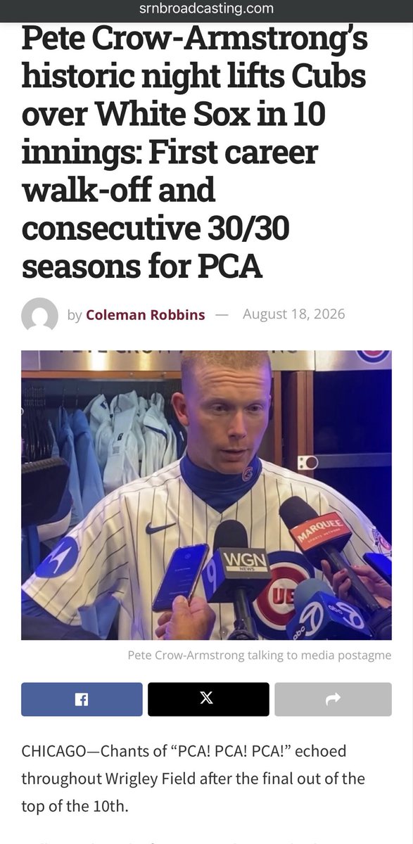 ColemanRob38573's tweet photo. Pete Crow-Armstrong’s historic night lifts Cubs over White Sox in 10 innings: First career walk-off and consecutive 30/30 seasons for PCA

https://t.co/w9bTrJ9KUj https://t.co/W65aVZNaHL