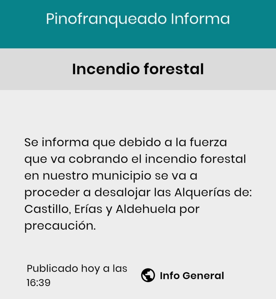 Batallont15's tweet photo. #Cáceres| 🔴ÚLTIMA HORA #IFPinofranqueado.

⚠️Se procede al desalojo y evacuación de las alquerías de #Avellanar, #Castillo, #Erías y #Aldehuela por precaución.

🔴Se procede a la activación del Nivel 2 de Peligrosidad a las 16:30. https://t.co/omtBPyY9hN