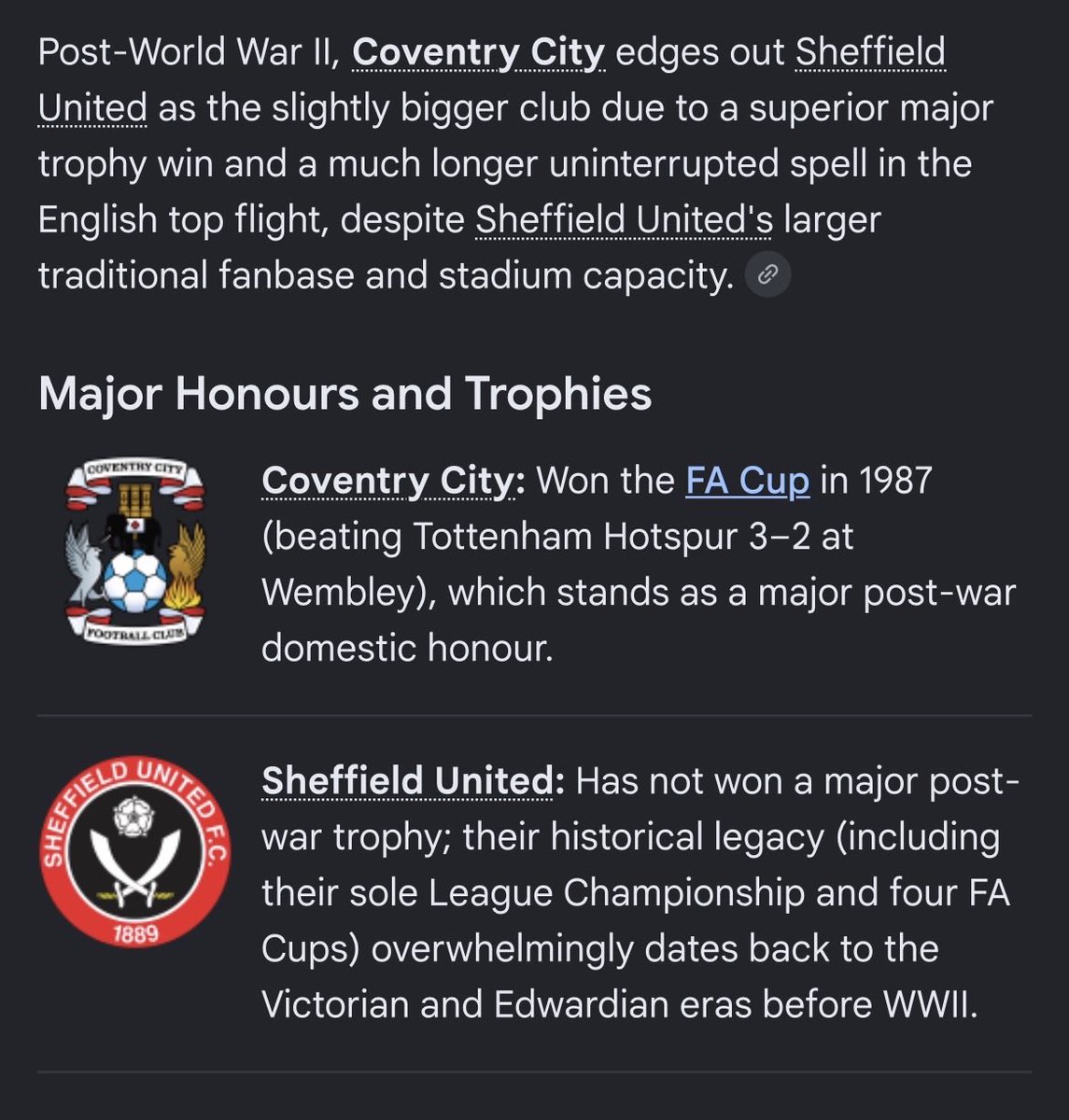 KenCcfc's tweet photo. @SheffUtd247 @Deanohodgson7 @JoshSperrin I mean, Huddersfield and Preston can claim they’re two of the biggest clubs in England based on your logic. Going by the last 80 years, we trounce you🚬😎 https://t.co/3cu5NJugSY
