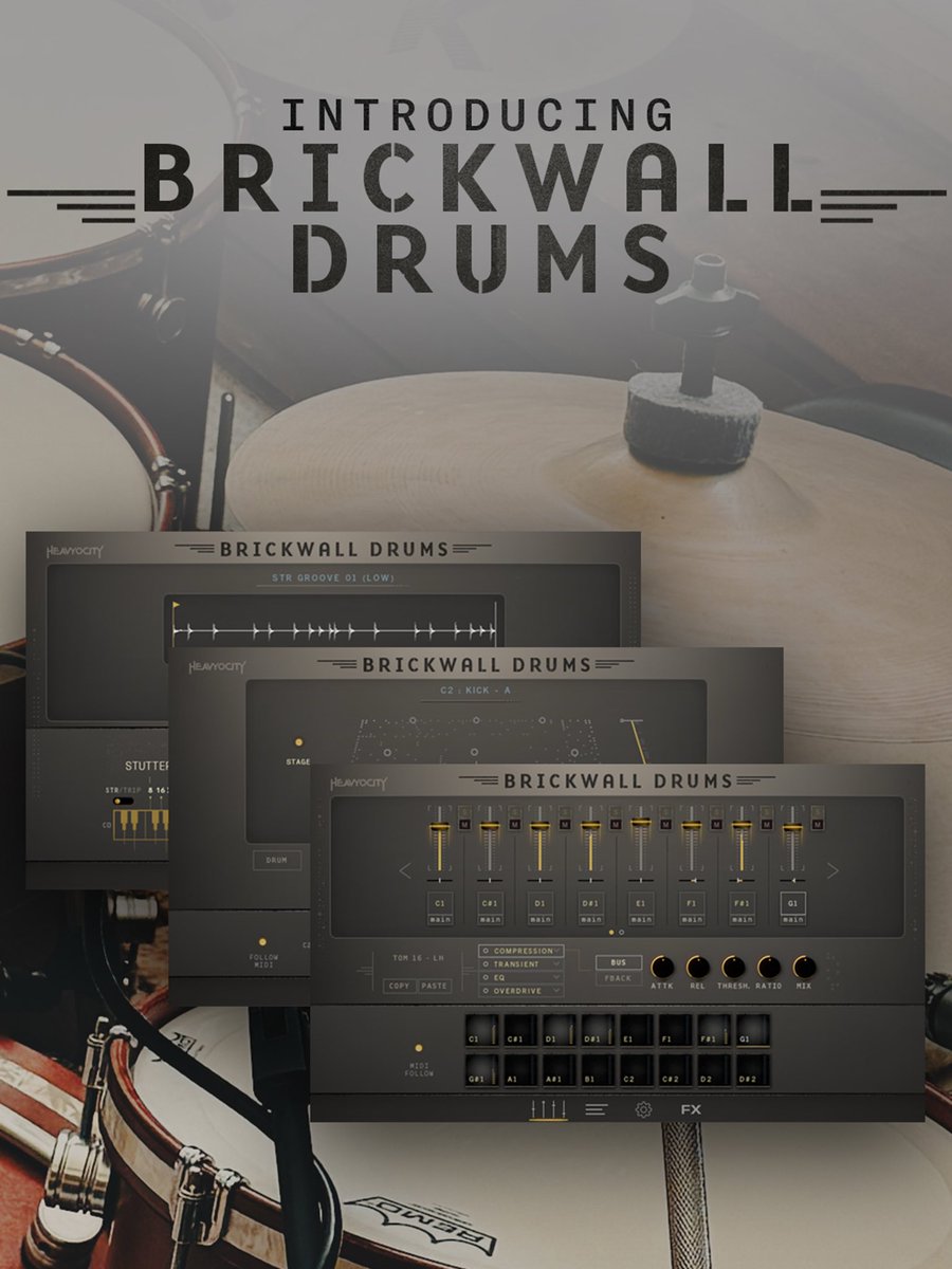 HeavyocityMedia's tweet photo. Introducing BRICKWALL DRUMS: a performance-ready drum plugin built to bring golden-era character to modern scoring and production; packed with punchy kicks, warm snares, and live cymbals, tracked through the analog gear that gave the classic records their warmth.

#drums #drumvst https://t.co/3iGTPC4NoD
