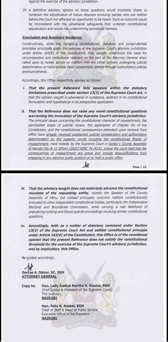 Lexken_EMSLaw's tweet photo. 🚨 Can a leader removed from office through impeachment stand for election again? The Speaker of the Meru County Assembly asked the Supreme Court to settle it. On 6 August 2026, the Attorney General advised the Court to decline the question altogether.

In Supreme Court Reference E001 of 2026, the Speaker sought an advisory opinion on how Chapter Six of the Constitution, on leadership and integrity, applies to leaders who have been removed from office. Rather than answer, the Attorney General has advised that the Court should not take up the Reference at all. The reasoning matters as much as the outcome. 🧵