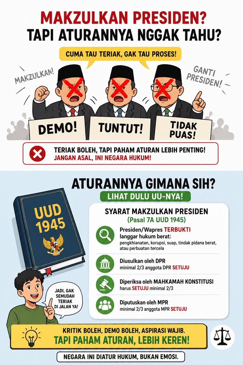 Pugalu15's tweet photo. Mau makzulkan presiden tapi buta hukum? Baca dulu Pasal 7A UUD 1945. Semua ada prosesnya di DPR, MK, dan MPR, bukan cuma modal teriak di jalanan sambil bikin gaduh. Jangan mau dibodohi provokator.
#ProvokasiTanpaBukti #JagaPersatuan #IndikasiBukanBukti https://t.co/AuyL2tkZ0o