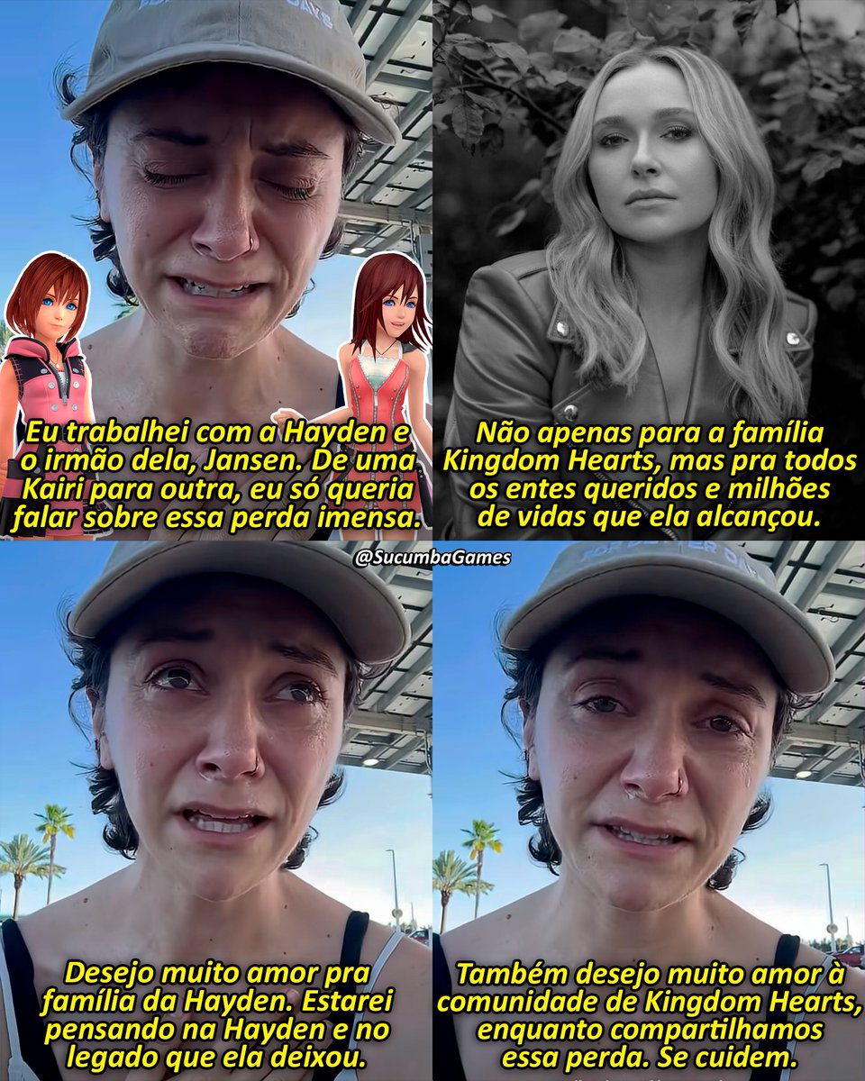 SucumbaGames's tweet photo. Alyson Stoner, que assumiu a voz de Kairi a partir de Kingdom Hearts Re:Chain of Memories, falou sobre o falecimento da atriz Hayden Panettiere, que deu voz à personagem nos dois primeiros jogos e Birth by Sleep. Alyson desejou muito amor aos entes queridos e fãs. https://t.co/KhFJfwB71e