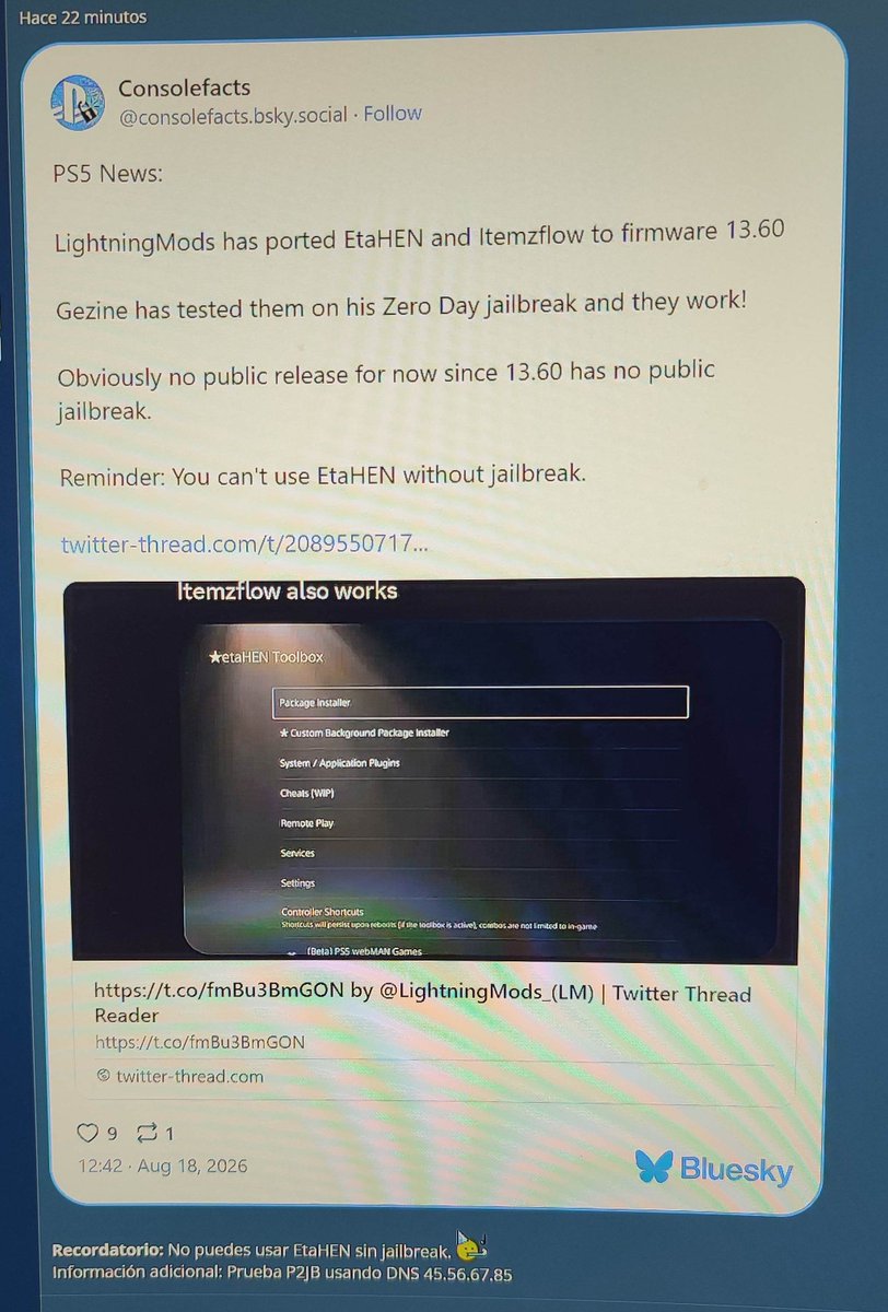 Jdr8245Jhon's tweet photo. Recordatorio: No puedes usar EtaHEN sin jailoreak

Información adicional: Prueba P2Jb usando DNS 45.56.67.85 https://t.co/JojFBnpUDL