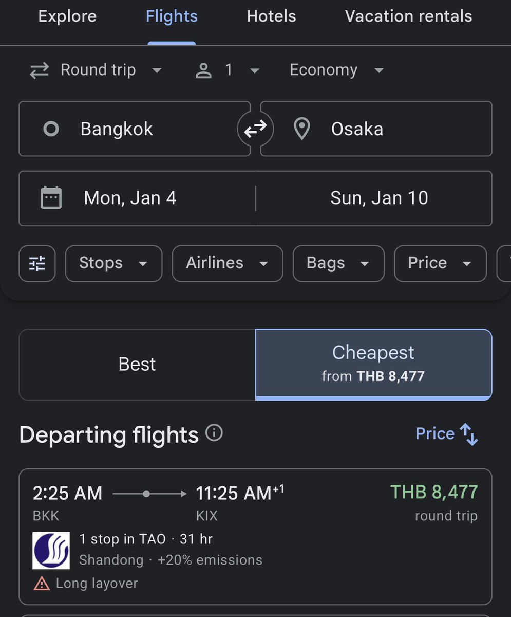 kensanglnz's tweet photo. Shandong Airlines เหมือนจะมีตั๋วโปรไปโอซาก้าราคาประมาณ 8500 คับ

เท่าที่ดูคือ เริ่มตั้งแต่ธันวาคม ไปถึงปลายมีนาคมปีหน้าเลย ถ้ากดในพวก trip จะอยู่แถวๆ 8800-9000 ต้นๆ

สิ่งที่เหมือนกันหมดของไฟลท์ชุดนี้คือ ขาไปต้องแวะชิงเต่าเกือบๆ 1 วันคับ
ถ้าใครอยากไปเที่ยวชิงเต่า ไ���หาน้ำอร่อยๆ กินที่นู่น เมืองสไตล์ยุโรปที่ชิงเต่า บรรยากาศทะเลหน้าหนาว แล้วค่อยไปโอซาก้าต่อ ก็แนะนำไฟลท์นี้เลยคับ 

ปล. ค่าตั๋วไปโอซาก้าของชานตงอันนี้ ถูกกว่าบินไปลงชิงเต่า ในช่วงเวลาเดียวกันเยอะเลยคับ 😅

#ตั๋วเครื่องบินราคาถูก #เที่ยวญี่ปุ่น #เที่ยวจีน