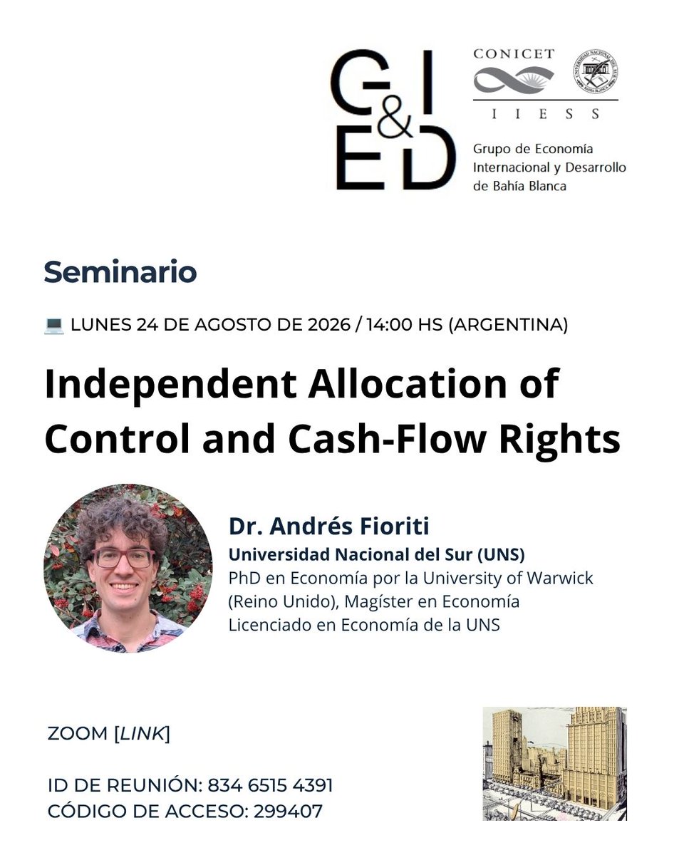 IIESS_CONICET's tweet photo. Nuevo seminario del @geidiiess con Andrés Fioriti,  PhD en Economía de la University of Warwick (UK), sobre "𝙄𝙣𝙙𝙚𝙥𝙚𝙣𝙙𝙚𝙣𝙩 𝘼𝙡𝙡𝙤𝙘𝙖𝙩𝙞𝙤𝙣 𝙤𝙛 𝘾𝙤𝙣𝙩𝙧𝙤𝙡 𝙖𝙣𝙙 𝘾𝙖𝙨𝙝-𝙁𝙡𝙤𝙬 𝙍𝙞𝙜𝙝𝙩𝙨".

📅 Lunes 24/08/26 
🕑 14 hs (Arg.)
💻https://t.co/agXHqikttU? https://t.co/Pn51bJxzOs