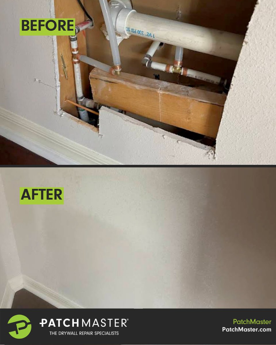 PatchMasterCorp's tweet photo. The plumbing may be repaired—but who repairs the wall?

PatchMaster specializes in repairing drywall after plumbing, electrical, and HVAC work, then painting it to match your existing finish.

✅ FREE Estimates
✅ Satisfaction Guaranteed https://t.co/Gsy76kU2Y1