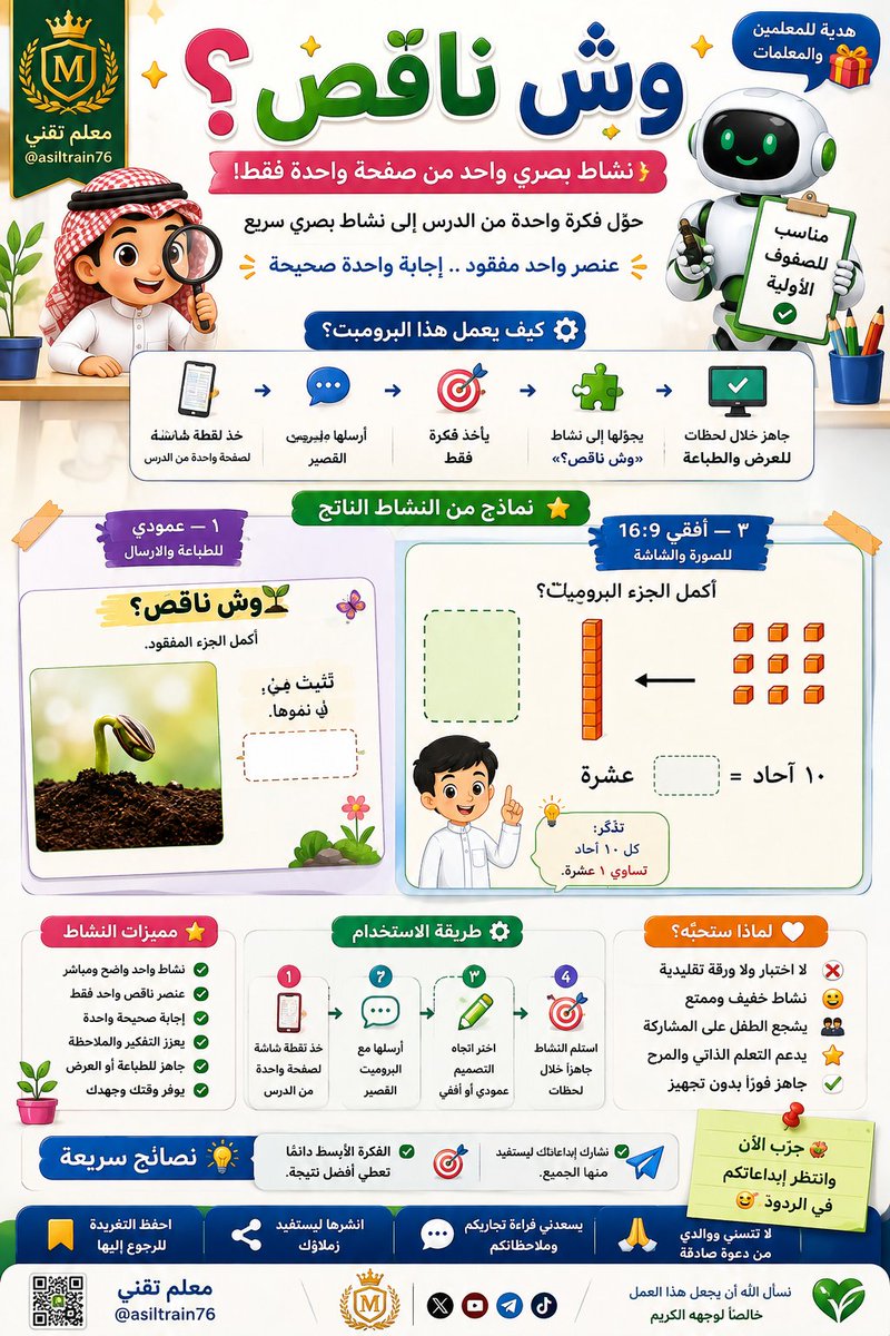 asiltrain76's tweet photo. 👀 وش ناقصها؟

📱📚 كتابك للآن عندك في الجوال PDF؟

هالمرة ما أبي الكتاب كامل…
ولا حتى الدرس كامل 😎

📸 خذ لقطة شاشة لصفحة واحدة فقط من أي درس،
وأرسلها لهذا المساعد مع البرومبت القصير اللي تحت 👇

وهو بيأخذ فكرة واحدة فقط من الصفحة، ويحوّلها إلى نشاط بصري:

🧩 «وش ناقص؟»

عنصر واحد مفقود…
إجابة واحدة صحيحة…
والباقي على طلابك يكتشفونه 👀🔥

📱 عمودي للطباعة والإرسال
🖥️ أو أفقي ١٦:٩ للسبورة والشاشة

انسخوه وجرّبوه…
وأبي أشوف وش بيطلع مع كتبكم 😍🔥

البرومبت كامل في الرد الأول 👇
نماذج من إبداعات البرومبت في الرد الثاني 👇
ننتظر النتائج في الردود 👇

❤️ احفظ التغريدة للرجوع إليها عند التحضير.
🔁 انشرها ليستفيد منها زملاؤك.
💬 يسعدني قراءة اقتراحاتكم لتطوير الإصدارات القادمة.
🤲 وإذا استفدت فلا تنسني ووالدي من دعوة صادقة.

🚀 والقادم بإذن الله أجمل.

#التعليم #المعلمين #المعلمات #الذكاء_الاصطناعي #ChatGPT #تقنيات_التعليم #استراتيجيات_التدريس #مدرستي