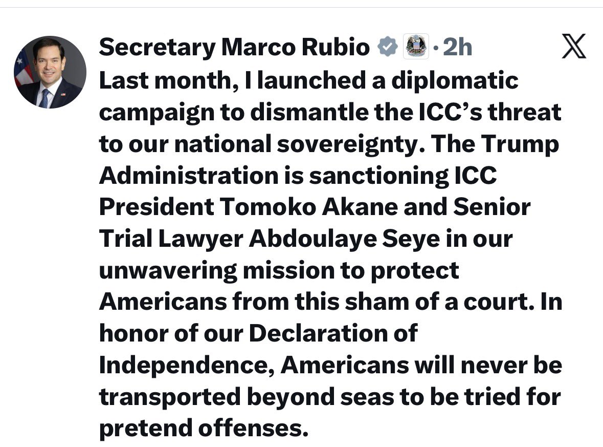 CraigMokhiber's tweet photo. Another mad pronouncement from a ruthless and tyrannical empire. The world must confront the reality that the people at the helm of the US government, like their partners in the Israeli regime, are sociopaths on a global crime spree.  Marco Rubio’s mafia-like threats and abuses of power must be confronted with international solidarity. All states, beginning with the 125 states parties of the ICC, and all others that value the rule of law, have a duty to take concrete action to protect those targeted by the US-Israel Axis, to block the effects of these lawless sanctions, and to work to hold these perpetrators in the US & Israel accountable, no matter how long it takes.