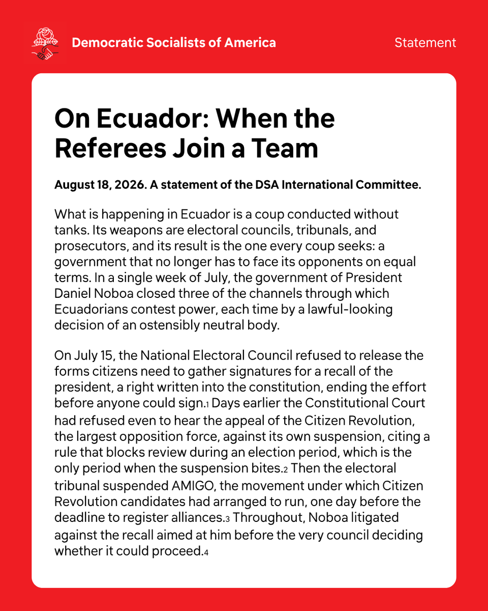 DemSocialists's tweet photo. What is happening in Ecuador is a coup without tanks. Its weapons are electoral councils, tribunals, and prosecutors. In one week in July, Noboa's government closed three channels Ecuadorians use to contest power. https://t.co/hTLg11CVZB