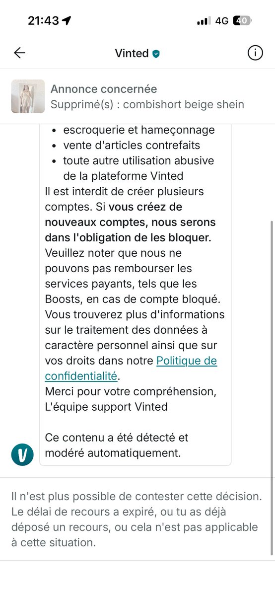 Naomitz6's tweet photo. Ça va bien @vinted ? Je poste un article shein et on m’accuse de contrefaçon et on me bloque mon compte vinted qui a des centaines d’avis positif depuis pleins d’années. Mais on va où là?
Honte à vous. Je suis extrêmement déçu. https://t.co/5YoXayMlVR