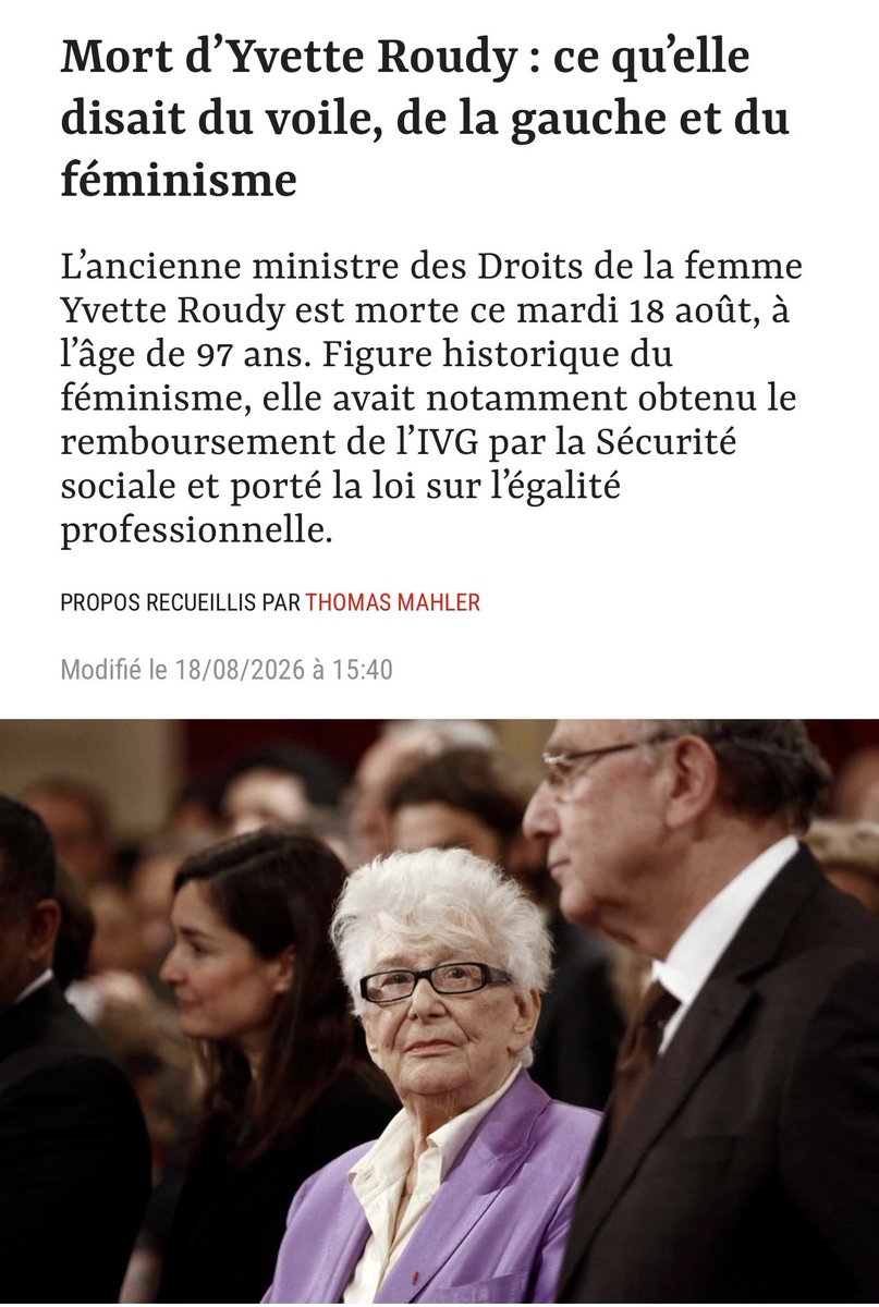 JulienOdoul's tweet photo. « Ces femmes n’ont pas le droit de se promener en hijab à Paris, c’est un symbole de soumission. Ça nous fait régresser nous les femmes qui croyions être libérées. » 

Hommage à la magnifique Yvette Roudy, une vraie féministe qui ne s’est jamais convertie à l’islamo-gauchisme ! https://t.co/qpjH8cYWuw