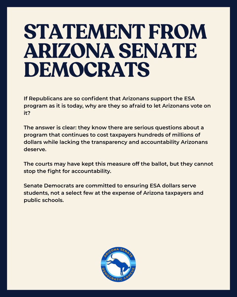 AZSenateDems's tweet photo. 🚨 JUST IN: Arizona voters deserved a say. 

The Arizona Supreme Court’s decision to keep Prop. 212 off the ballot means voters won’t get the chance to weigh in on commonsense accountability for Arizona’s ESA voucher program. 

If Republicans are so confident Arizonans support the program as it stands, why are they afraid to let voters decide? 

Read our full statement ⬇️ 

#Education #ESAVouchers #Arizona #transparency