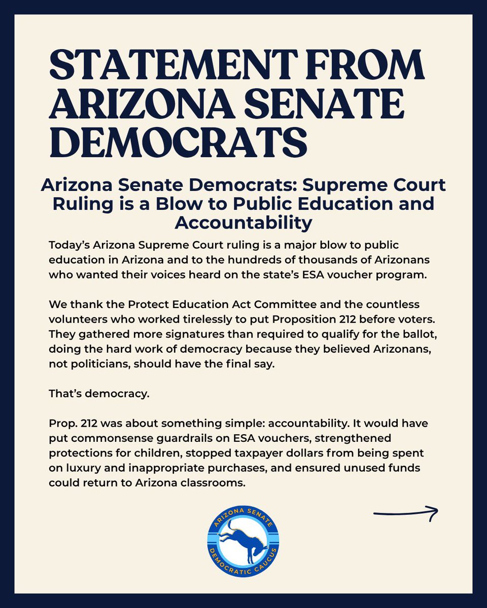AZSenateDems's tweet photo. 🚨 JUST IN: Arizona voters deserved a say. 

The Arizona Supreme Court’s decision to keep Prop. 212 off the ballot means voters won’t get the chance to weigh in on commonsense accountability for Arizona’s ESA voucher program. 

If Republicans are so confident Arizonans support the program as it stands, why are they afraid to let voters decide? 

Read our full statement ⬇️ 

#Education #ESAVouchers #Arizona #transparency