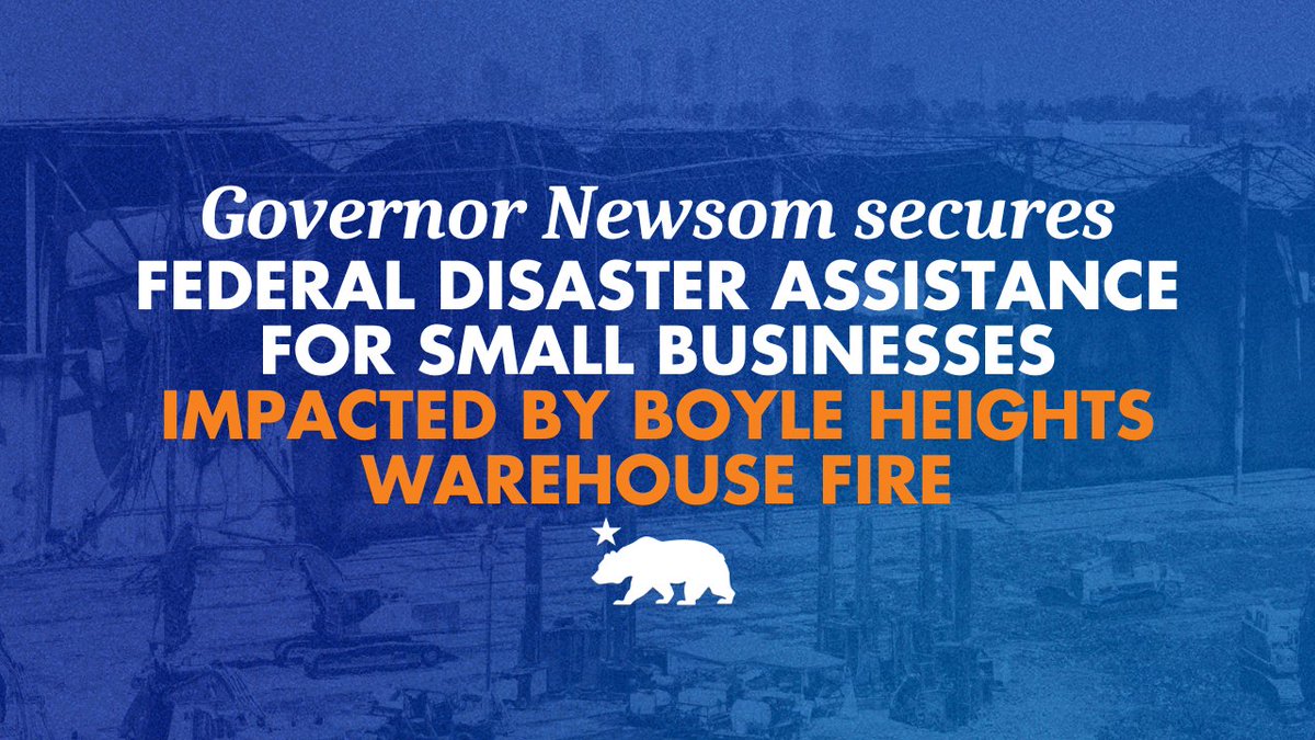 CAgovernor's tweet photo. Low-interest federal loans are now available to eligible small businesses and private nonprofits impacted by the Boyle Heights warehouse fire in June.

With the @SBAgov's disaster declaration approval, we're helping the community meet essential costs, retain workers, and recover. https://t.co/gHKrFWJeBV