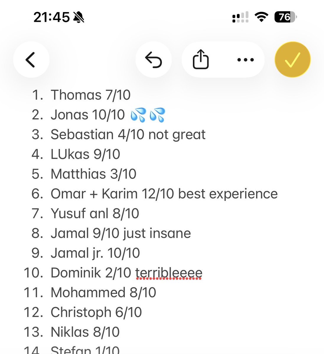 eurofounder's tweet photo. Found a list of baby names on my wife’s phone. She even rated them. I guess she doesn’t want a daughter! https://t.co/O11Wr63NLH