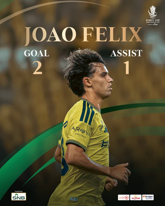 CabineSport's tweet photo. João Félix fez dois golos e uma assistência para eliminar Bruno Lage da Taça Saudita 🎩 https://t.co/9o6P4mi7n7