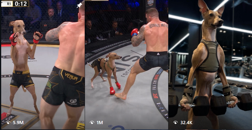 remini_bondos's tweet photo. I actually found something GOOD!!!  

5.9 MILLION views and 360k likes in 1 day!

How has this not BONDED?

Casper the undefeated MMA dog is going viral after fighting inside the UFC cage.

This AI dog fight EXPLDING on IG, people in comments even think it real.

https://t.co/lUcDWfaP5q

https://t.co/zSnS9taNth