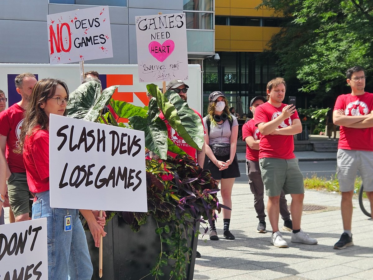 CWAUnion's tweet photo. Today, game workers and allies are taking action at Save Our Devs actions across the US and Canada to call out layoffs and corporate greed in the industry and to demand fair first contracts across Microsoft’s gaming studios. https://t.co/ljqGaoPZgJ