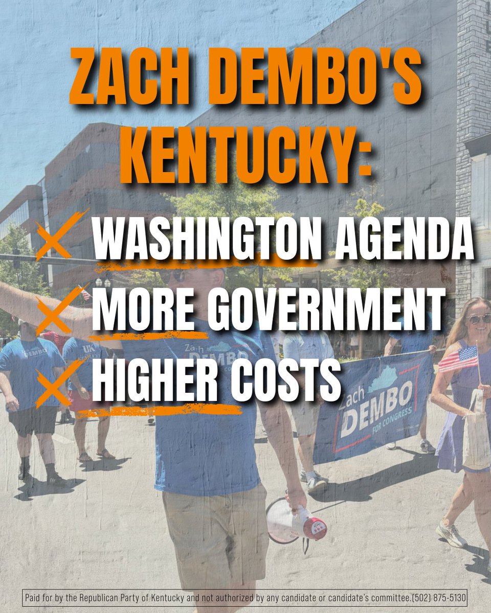 KYGOP's tweet photo. Zach Dembo is nothing more than a rubber stamp for the far left’s worst ideas: D.C. statehood, defunding the police, open borders, higher costs, and bigger government.

Dembo is beholden to the same asinine socialist cabal that would destroy the foundational principles of our country.

Kentucky deserves better. Say NO to Zach Dembo this November.