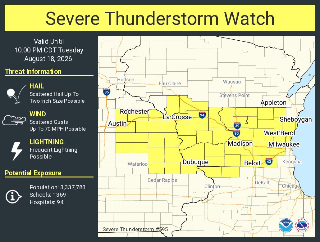 WaukeshaAlerts's tweet photo. A severe thunderstorm watch has been issued for Waukesha County until 10:00 PM tonight. https://t.co/hnW5ZpcyVy