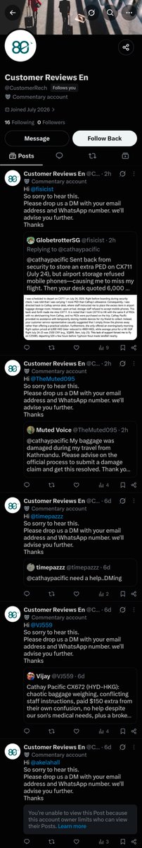 fisicist's tweet photo. @cathaypacific Deeply concerning that Cathay's social media monitoring team left fraudulent phishing accounts like 
@CustomerRech operating freely on their X feed since July. It targeted at least 15 distressed customers before I managed to get it banned within 12 hours of being targeted myself. https://t.co/xJHnW6WyFz