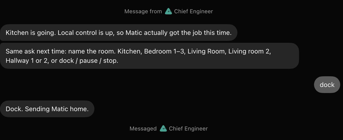 Chat thread showing a user instructing Matic via Grok Bot to clean the kitchen and then dock, illustrating a narrow but real physical-world agent loop