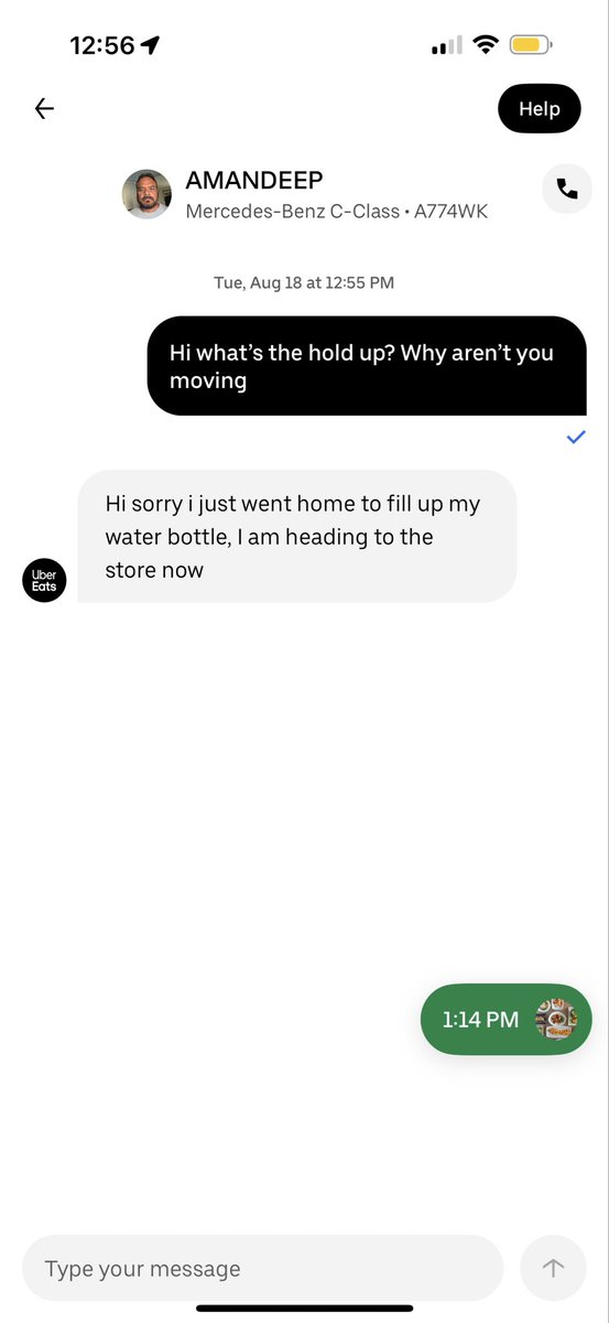 Melidac23's tweet photo. @UberEats the driver literally messaged me saying he went home after already choosing to take my order. Your useless AI chat bot just keeps upping the time I must wait to have my order reassigned. https://t.co/GBuGHP0HgU