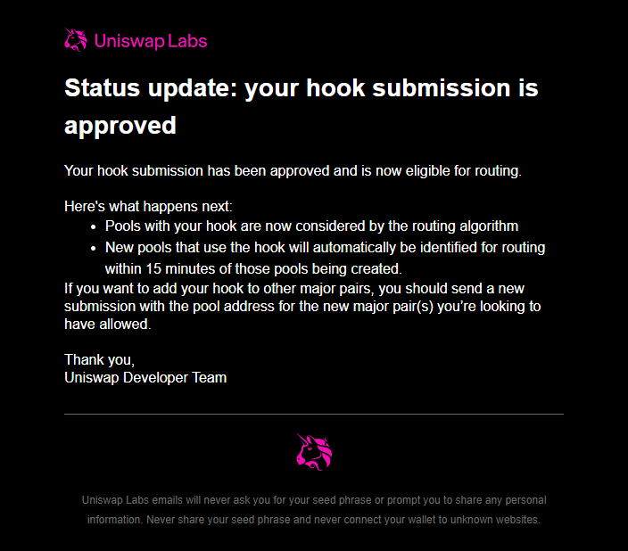 Hooknomics's tweet photo. SwingHook has passed Uniswap Labs’ Hook routing review and is now eligible for routing through the Uniswap Interface.

Thank you to the @Uniswap team for the careful review and for supporting independent developers building with v4 Hooks.

Proud to be building on Uniswap v4. 🦄

SwingHook:
https://t.co/aPOKDgGUaH