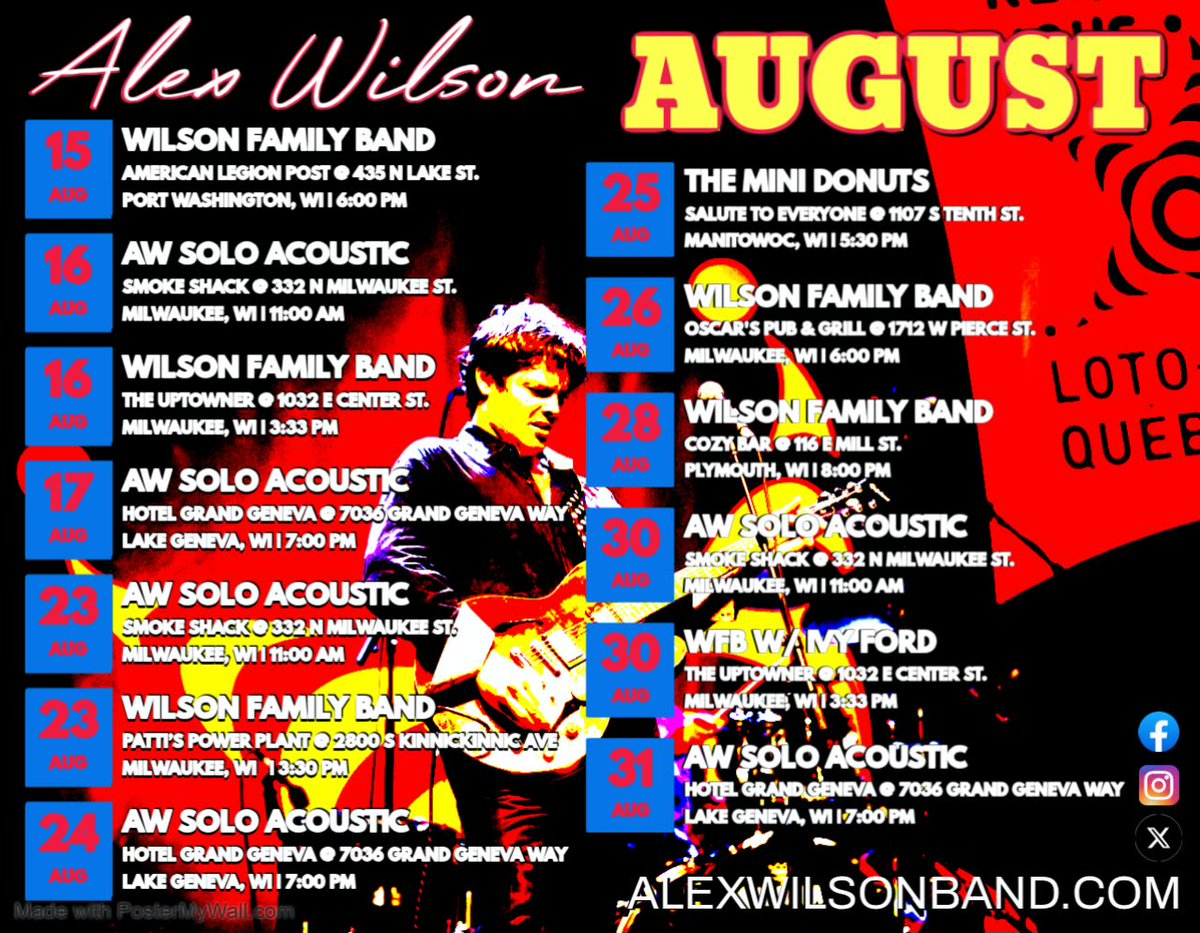 AlexWilsonBand's tweet photo. #alexwilsonband #blues #rocknroll #bluesrock #august #monthlyschedule #subjecttochange https://t.co/8UPq7RFdqs