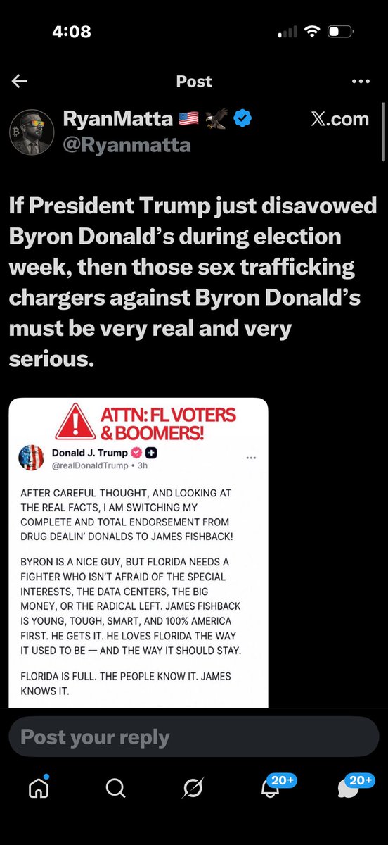 clerpatriot's tweet photo. WARNING ⚠️ 
These posts claiming Trump just switched his endorsement from Byron Donalds to James Fishback are completely fabricated.

Trump has never made that statement and there is no such post from @realDonaldTrump.

Trump endorsed Byron Donalds months ago and has not withdrawn or switched that endorsement.

The screenshot is doctored, and this was invented to mislead Florida voters on primary day.

Don’t fall for last-minute fake endorsements…VERIFY everything.