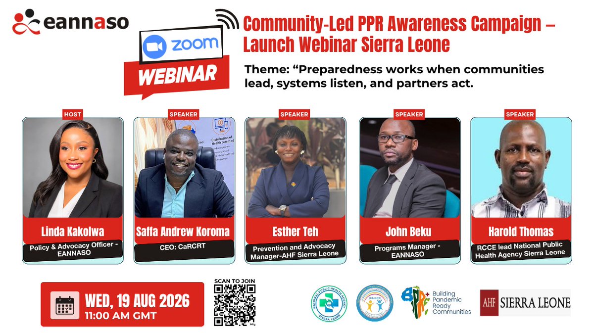 eannaso's tweet photo. Join us tomorrow, 19 August 2026, for the official launch of the Community-Led Pandemic Preparedness and Response Awareness Campaign in Sierra Leone 🇸🇱.

This conversation will bring together partners, civil society organisations, communities and public health leaders to explore how trust, inclusion and community leadership can strengthen pandemic preparedness and response.

📅 19 August 2026
🕚 11:00 AM GMT
📍 Zoom
🔗 https://t.co/u95Uj4N6GB
“Preparedness works when communities lead, systems listen, and partners act.”
Join the conversation and help put communities at the centre of health emergency preparedness.
#CommunityLedResponse #PandemicPreparedness #SierraLeone #HealthSecurity #CommunityEngagement #EANNASO