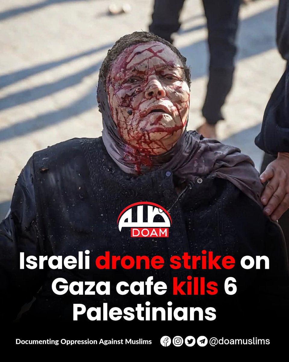 doamuslims's tweet photo. Six Palestinians, including a child, were killed Tuesday when an Israeli drone struck a cafe in Gaza City's port area, with more than a dozen others wounded. https://t.co/sc0b9gJzLZ