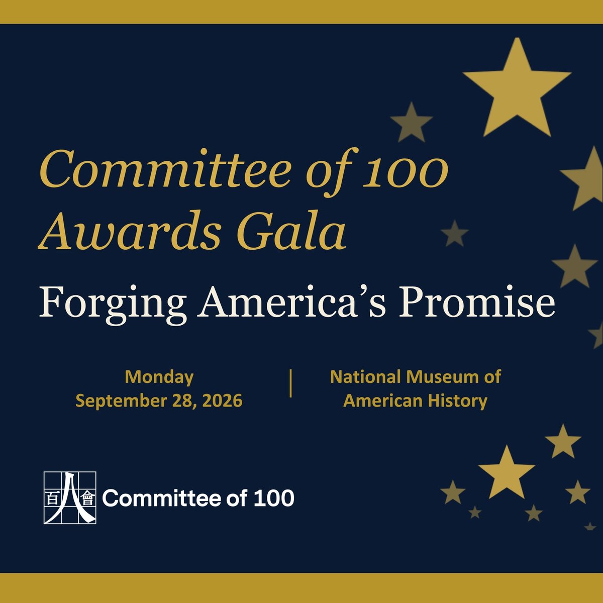 Committee100's tweet photo. Join us! On September 28, at the National Museum of American History in Washington, D.C., we will host an awards gala celebrating notable and accomplished Chinese Americans. Register: https://t.co/p7DuDB4YJn https://t.co/2j3ZdMyz9p