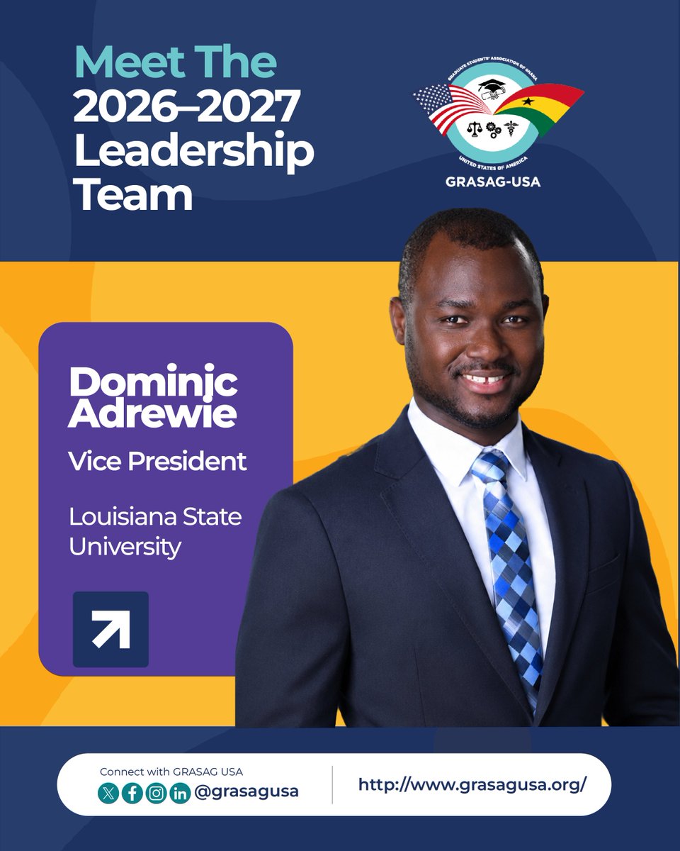 grasagusa's tweet photo. Meet the Vice President of GRASAG-USA | 2026–2027

Leadership thrives on collaboration, service, and a commitment to empowering others. We are proud to introduce Dominic Adrewie, Vice President of GRASAG-USA for the 2026–2027 administrative year. https://t.co/h89s6fR6t0