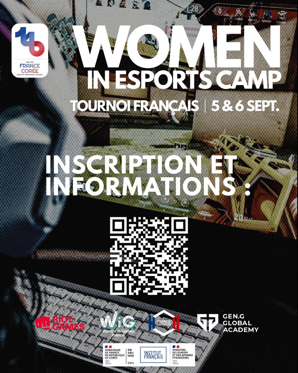 Fra_esports's tweet photo. 🇫🇷🇰🇷🎮 Inscrivez-vous au Women in Esports Camp !

Le tournoi national féminin VALORANT sera organisé à Paris les 5 et 6 septembre 2026. 

L'équipe gagnante décrochera sa place pour un bootcamp de deux semaines à Séoul, organisé par @GenG  du 1er au 15 décembre 2026 qui se clôturera par un showmatch.

📅
Ouverture des candidatures : Maintenant !
🇫🇷
Tournoi de qualification en France : 5 et 6 septembre 2026
✈️
Bootcamp final à Séoul : 1er au 15 décembre 2026

Informations et inscriptions sur le lien suivant :
https://t.co/455E7dCgiI

@geng_gold @wig_fr @FranceenCoree @RemakeVAL