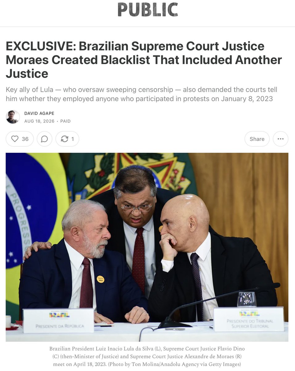 shellenberger's tweet photo. The Brazilian Supreme Court Justice who oversaw sweeping, illegal censorship of his political enemies — and nearly shut down X — created a blacklist of government workers that even included another Supreme Court justice, new documents reveal. Big new bombshell by @david_agape_ https://t.co/C3ySU0gRFU