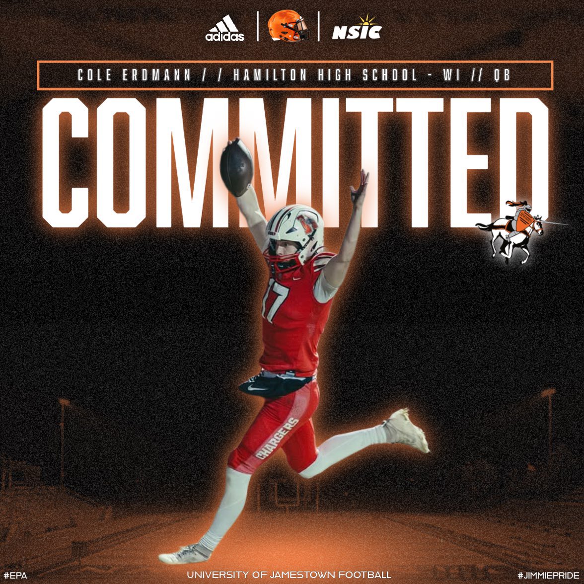 coleerdmann1's tweet photo. Grateful to announce my commitment to the University of Jamestown! Thank you to my coaches and my family for helping me along the way. @HHSCoachGumm @HHSChargerFB @robreischel @JimmieFootball @CoachTomDosch @coach_skelly @ZacBellman_WNY @CoachZim_UJ https://t.co/qcXyN4lAHi