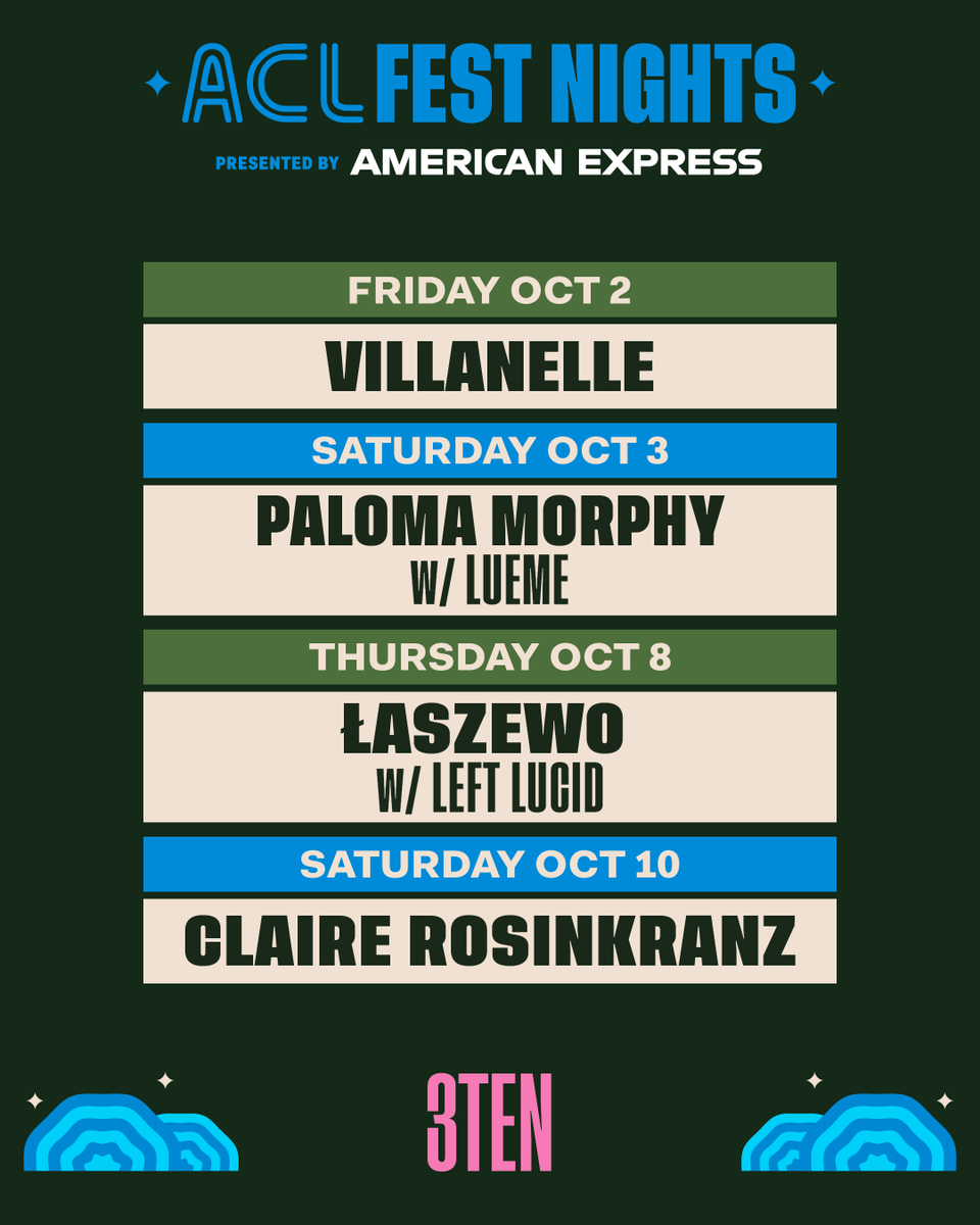 acllive's tweet photo. ACL Fest Nights Presented by American Express ✈️ See some of your favorite acts take the stage in a more intimate setting at 3TEN around the festival weekends!

🎫 Tickets go on sale this Friday, 8/21 at 10am CT. Explore the shows at https://t.co/ClmLqgSCkb https://t.co/QJaG9dNgxn