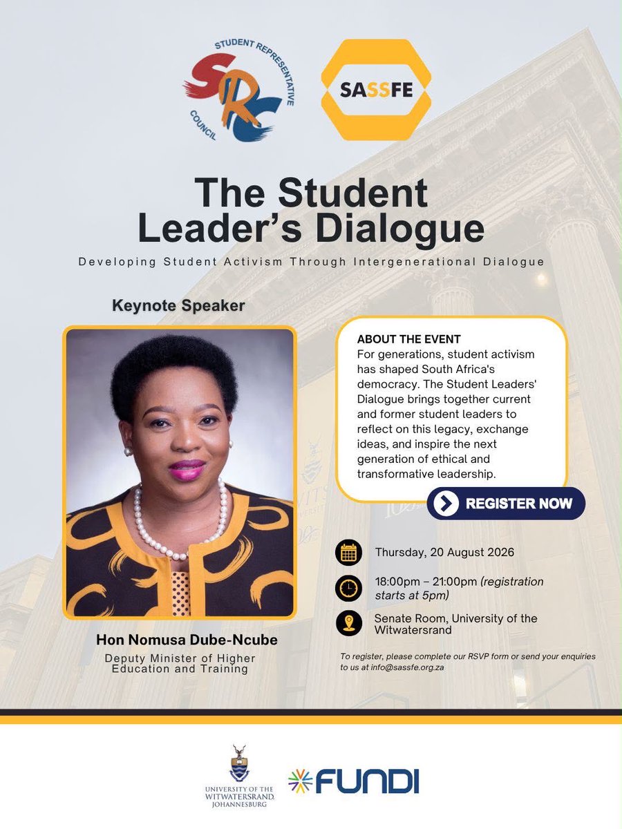 Wits_SRC's tweet photo. The Student Leaders’ Dialogue | Keynote Speaker

We’re honoured to welcome Hon. Nomusa Dube-Ncube, Deputy Minister of Higher Education &amp; Training, as our keynote speaker. https://t.co/xPn5heTG6B
