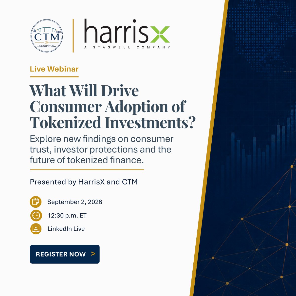 TokenPolicyCTM's tweet photo. What will drive consumer adoption of tokenized investments?

Join CTM and @HarrisXdata on Sept. 2 at 12:30 p.m. EDT to explore new research on consumer trust, investor protections, and regulatory coordination.

Save your spot: https://t.co/97MzAyOumd 
#Tokenization #DigitalAssets https://t.co/bOZmFYgJml